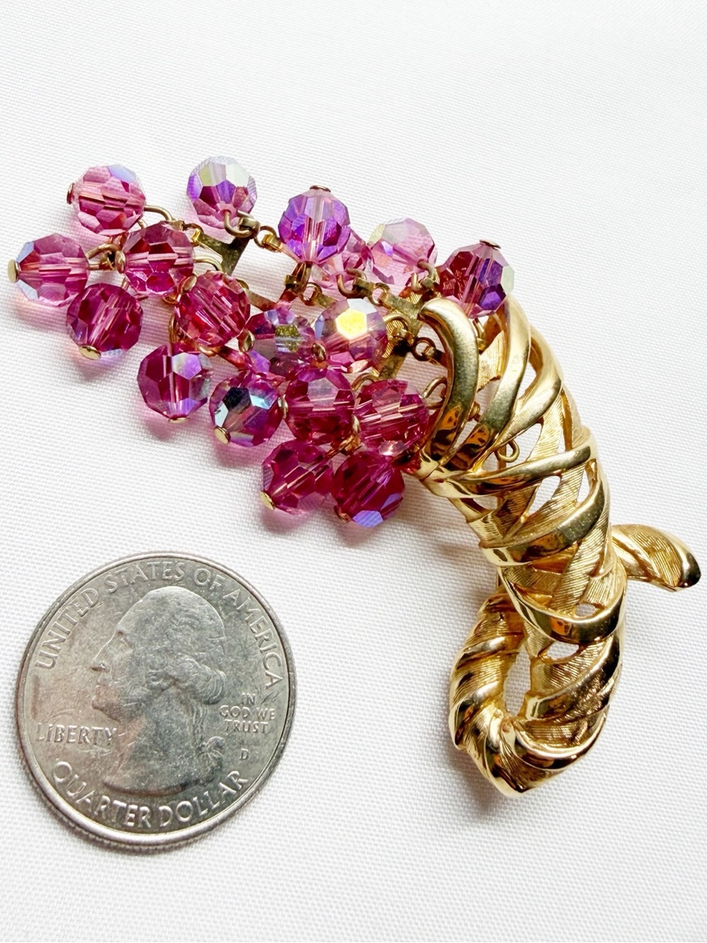Vintage Cornucopia Gold Tone Pink Iridescent Crystal Bead Brooch